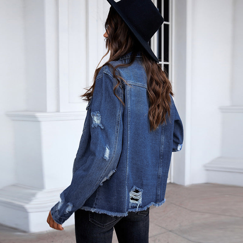 Denim Tops For Women Leisure Washed-out Distressed
