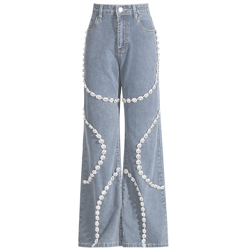 Women's Casual Light Diamond Stitching Straight Jeans