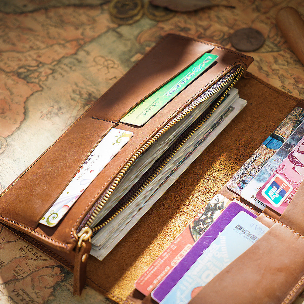 Retro Crazy Horse Leather Long Wallet Men's Genuine Leather Business