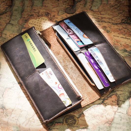 Retro Crazy Horse Leather Long Wallet Men's Genuine Leather Business