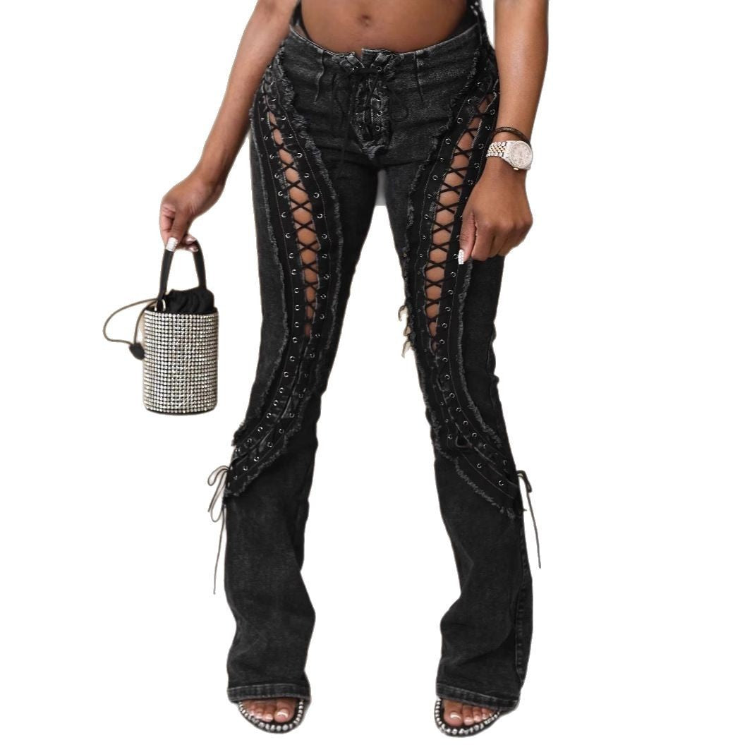 Stretch All-matching Frayed Lace-up New Slim Jeans For Women